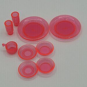 Vintage Barbie Clear Pink Dishes‎ Cups Plates Bowls 9 pcs Mattel